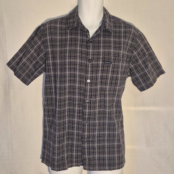 Calvin Klein Jeans button-front shirt, Black-Gold-Grey stripes/checks. Medium - Picture 1 of 15